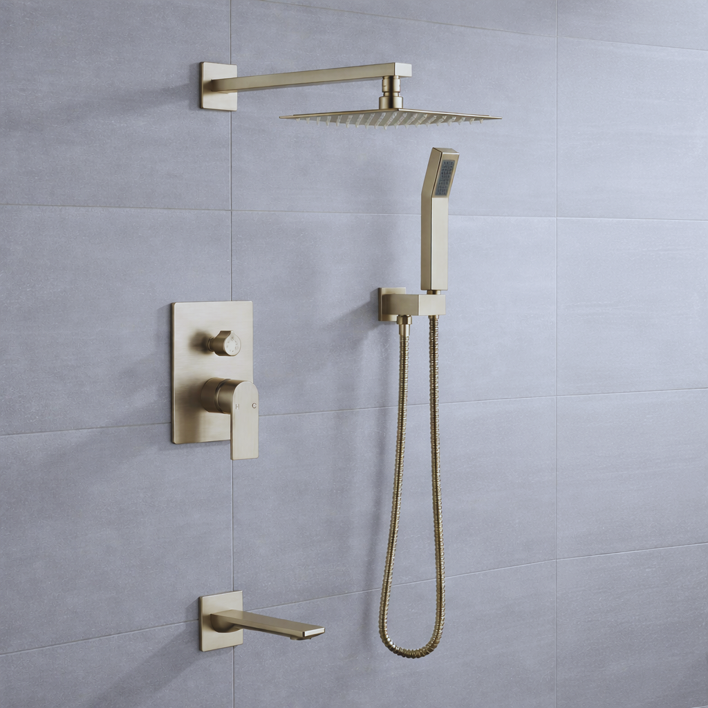 Fontana Thalorin Satin Brass Flow shower system reference for luxury finish coordination