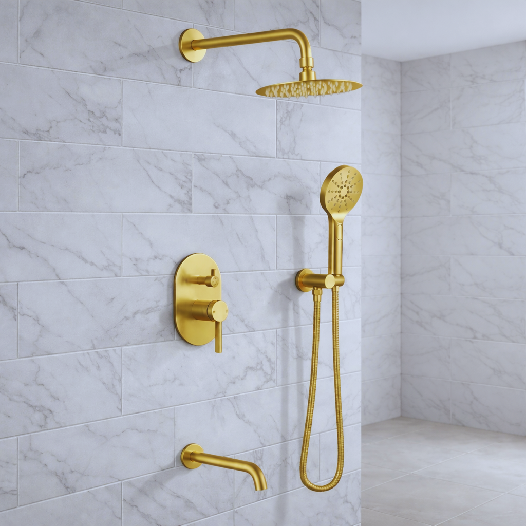 Square image frame showing AEC bathroom shower concept with pale blue accent