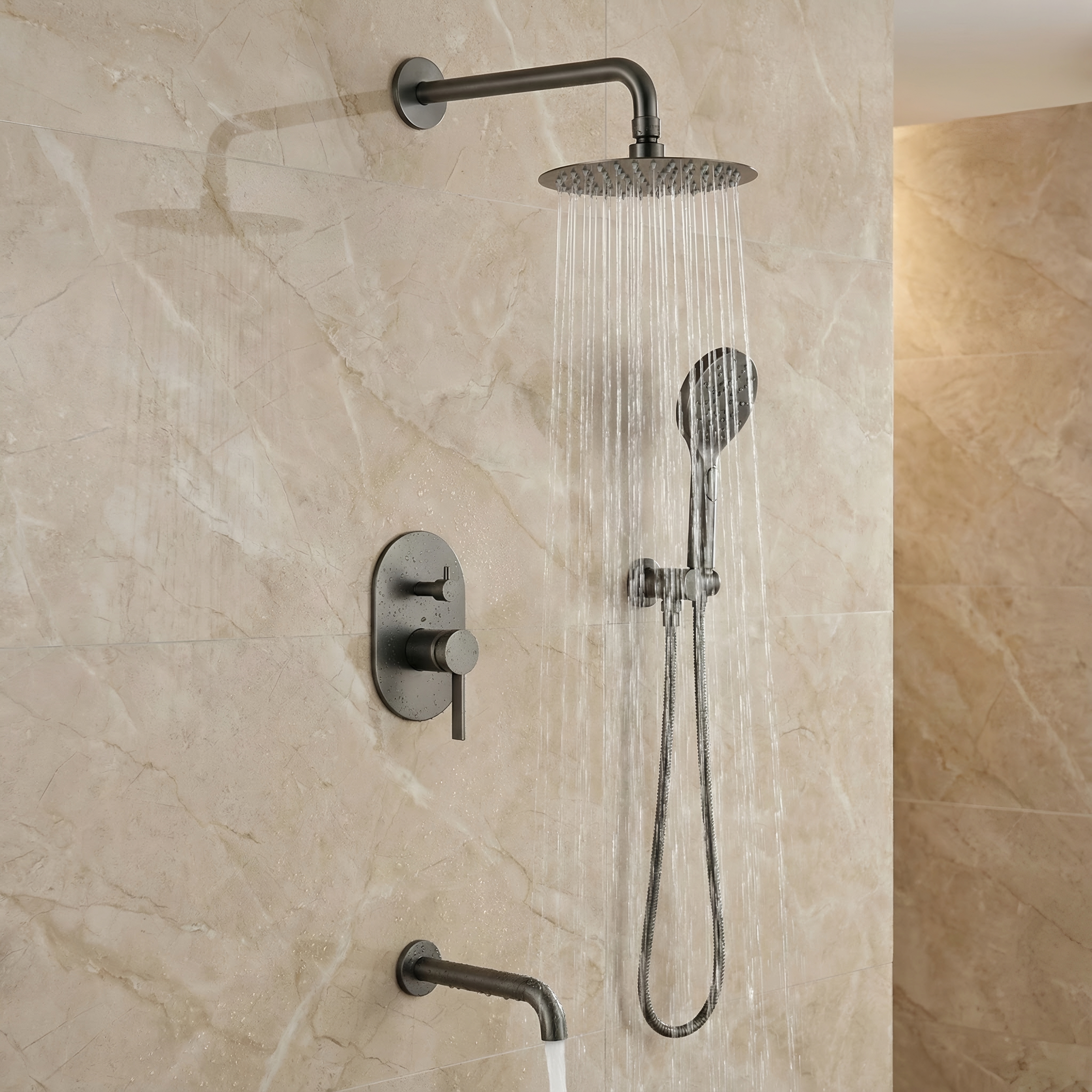 Square image frame showing shower installation planning with valve and wall coordination