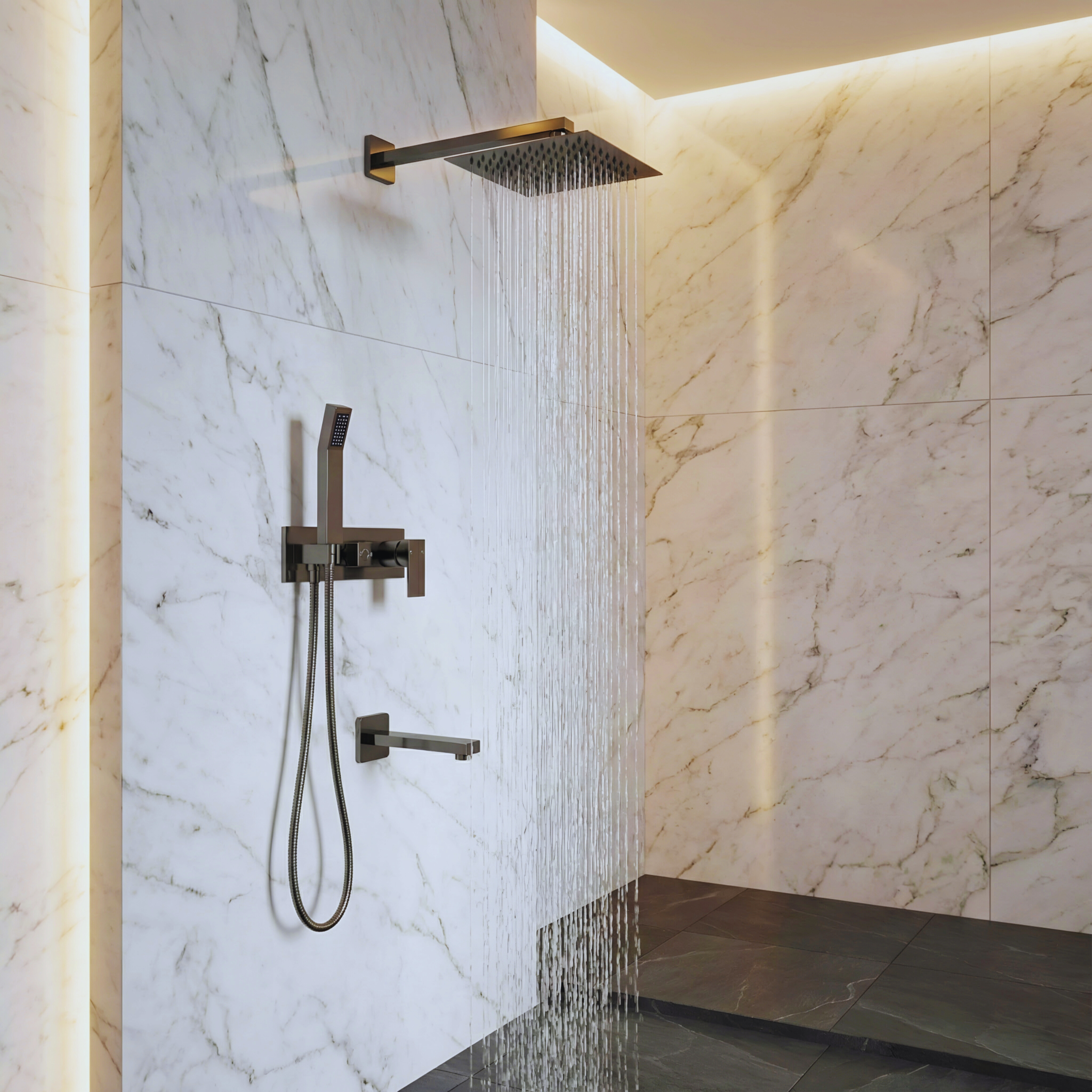 Shower finish coordination for hospitality bathroom Bravat shower system specification