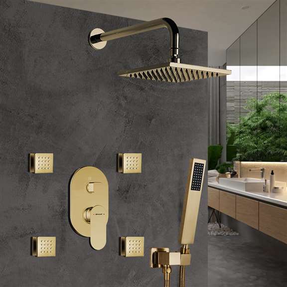 Bravat Brushed Gold Wall Mounted Square Shower Set | Single Holder Dual ...
